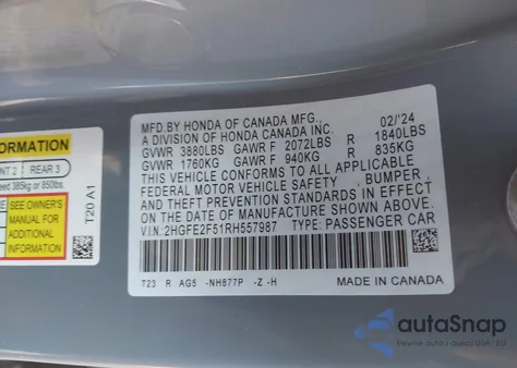 2024 Honda Civic Sport from USA, damaged, VIN 2HGFE2F51RH557987